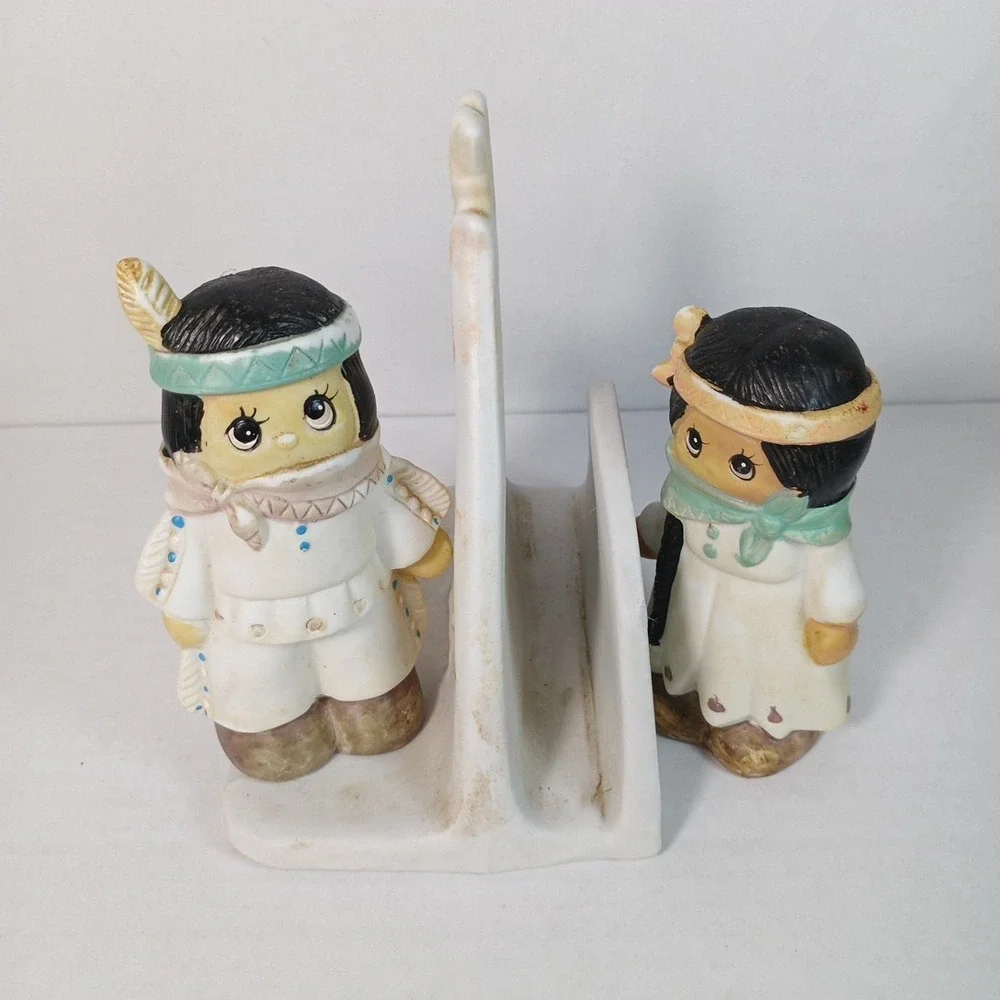 VTG 1991 Native American Boy Girl Salt Pepper Shakers W Napkin Holder Bisque